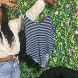 Blue white and black striped bodysuit